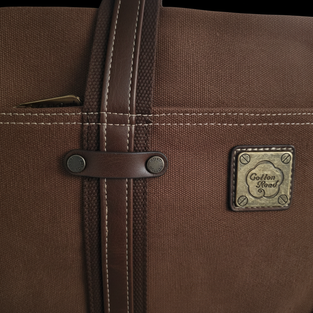 COTTON ROAD LAPTOP BAG: BROWN CANVAS MESSENGER BAG with PU Leather DETAIL ZOOM