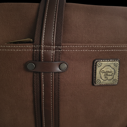 COTTON ROAD LAPTOP BAG: BROWN CANVAS MESSENGER BAG with PU Leather DETAIL ZOOM