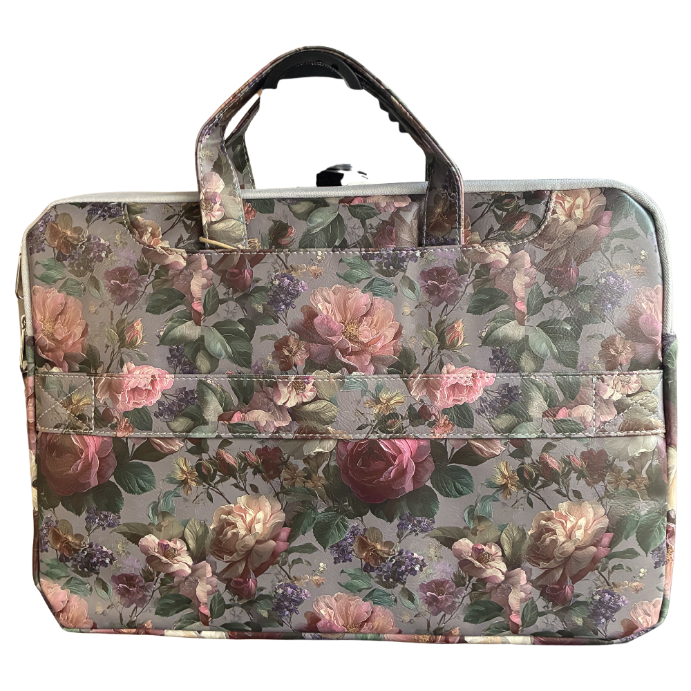 COTTON ROAD LAPTOP BAG: GREY Rose Decorated PVC Carry Sleeve with Padded Inner back