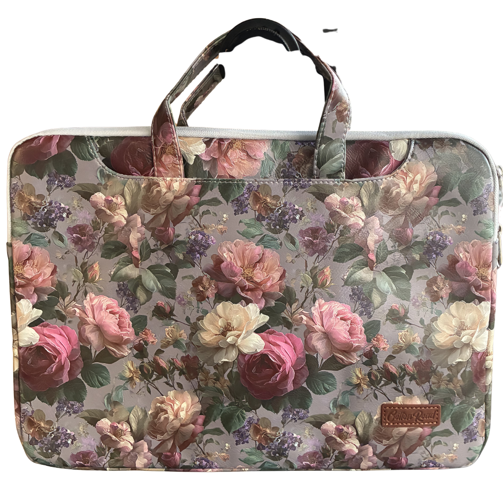 COTTON ROAD LAPTOP BAG: GREY Rose Decorated PVC Carry Sleeve with Padded Inner front