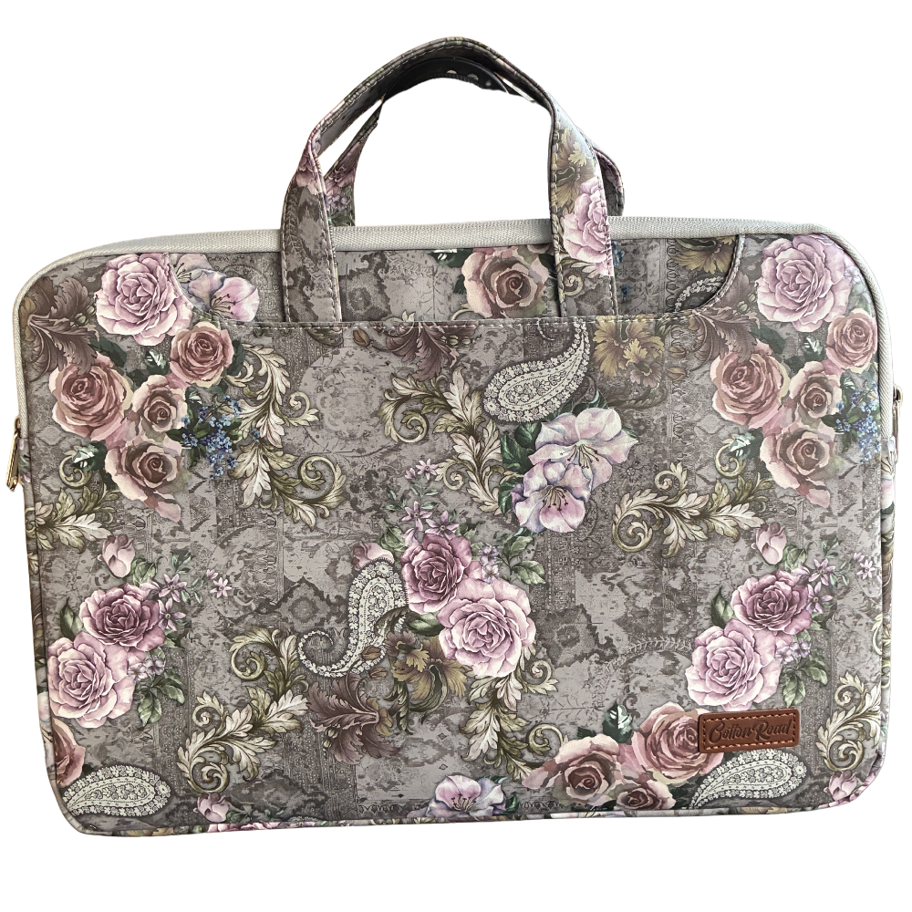 COTTON ROAD LAPTOP BAG: GREY with PURPLE Roses PVC Carry Sleeve with Padded Inner FRONT