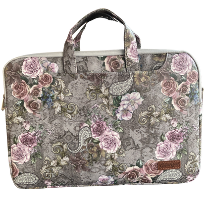 COTTON ROAD LAPTOP BAG: GREY with PURPLE Roses PVC Carry Sleeve with Padded Inner FRONT