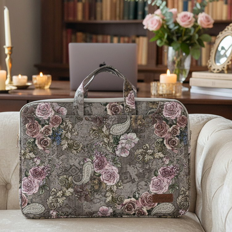 COTTON ROAD LAPTOP BAG: GREY with PURPLE Roses PVC Carry Sleeve with Padded Inner LIFESTYE