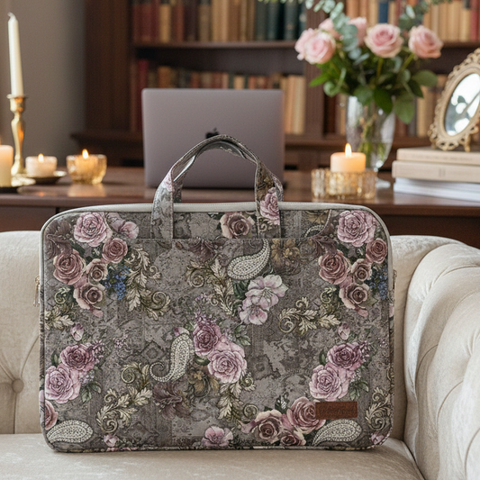 COTTON ROAD LAPTOP BAG: GREY with PURPLE Roses PVC Carry Sleeve with Padded Inner LIFESTYE
