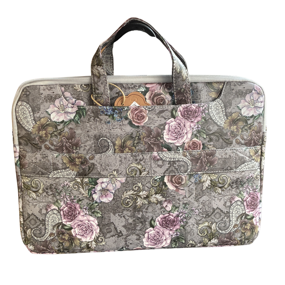 COTTON ROAD LAPTOP BAG: GREY with PURPLE Roses PVC Carry Sleeve with Padded Inner back view