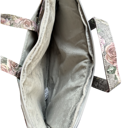 COTTON ROAD LAPTOP BAG: GREY with PURPLE Roses PVC Carry Sleeve with Padded Inner open view