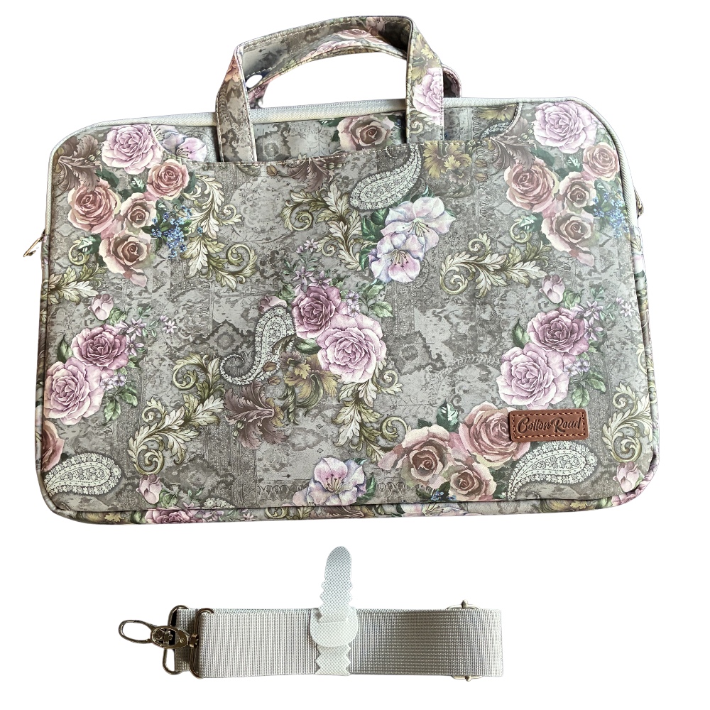 COTTON ROAD LAPTOP BAG: GREY with PURPLE Roses PVC Carry Sleeve with Padded Inner set