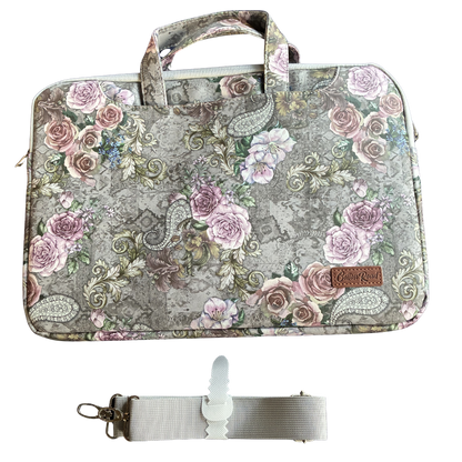 COTTON ROAD LAPTOP BAG: GREY with PURPLE Roses PVC Carry Sleeve with Padded Inner set
