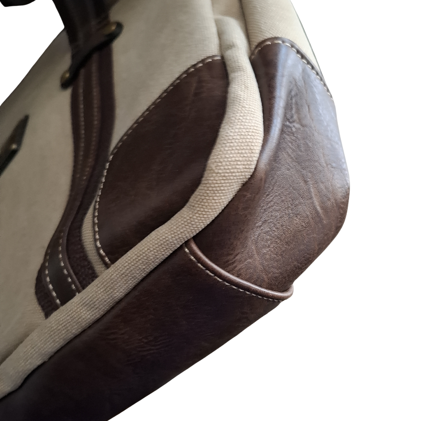COTTON ROAD LAPTOP BAG: KHAKI CANVAS MESSENGER BAG with PU LEATHER BOTTOM CORNER