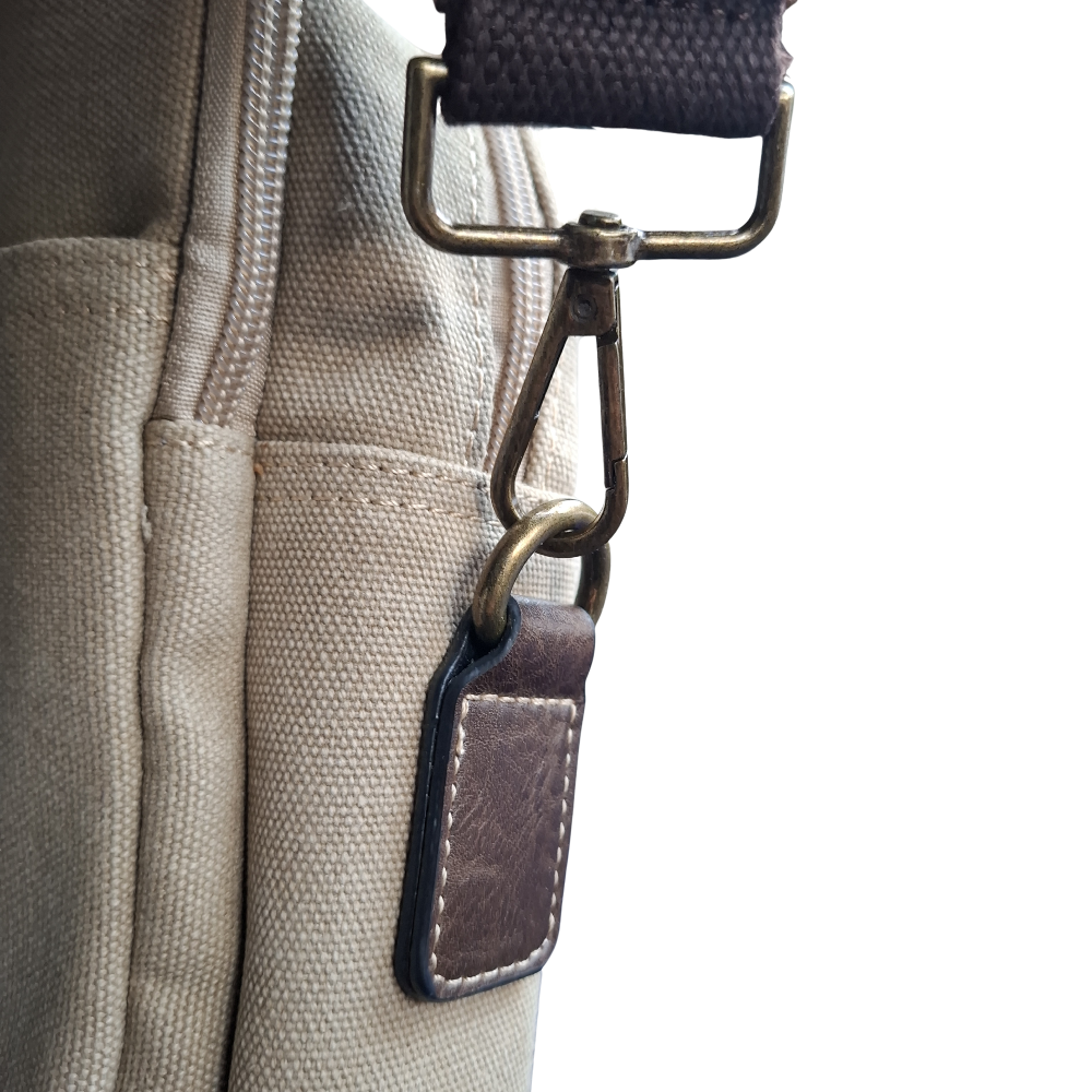 COTTON ROAD LAPTOP BAG: KHAKI CANVAS MESSENGER BAG with PU Leather ADJUSTABE STRAP ATTACHMET