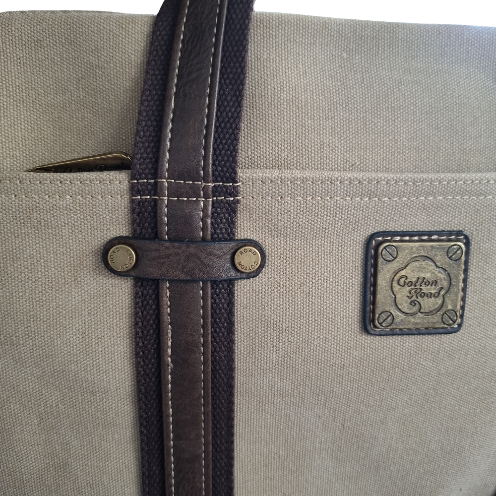 COTTON ROAD LAPTOP BAG: KHAKI CANVAS MESSENGER BAG with PU Leather BRANDED