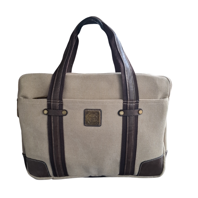 COTTON ROAD LAPTOP BAG: KHAKI CANVAS MESSENGER BAG with PU Leather DETAIL