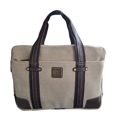 COTTON ROAD LAPTOP BAG: KHAKI CANVAS MESSENGER BAG with PU Leather DETAIL