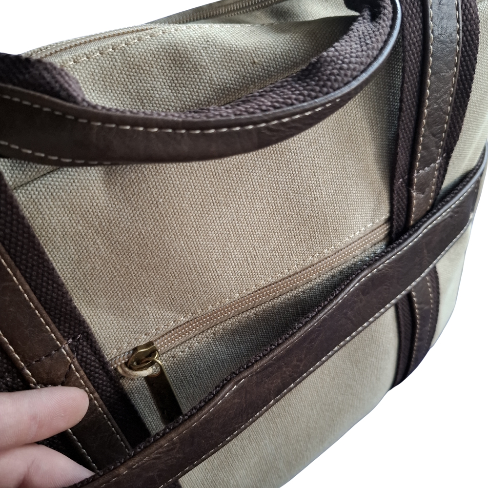 COTTON ROAD LAPTOP BAG: KHAKI CANVAS MESSENGER BAG with PU Leather DETAILING