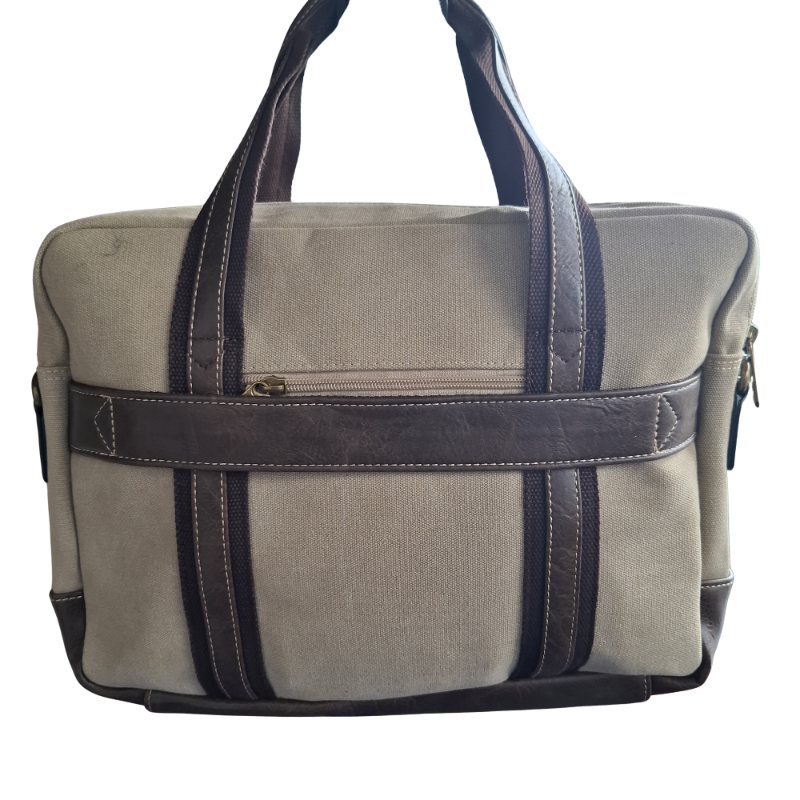 COTTON ROAD LAPTOP BAG: KHAKI CANVAS MESSENGER BAG with PU Leather DETAIL BACK
