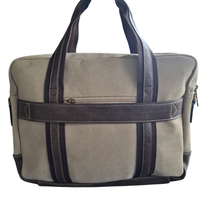 COTTON ROAD LAPTOP BAG: KHAKI CANVAS MESSENGER BAG with PU Leather DETAIL BACK