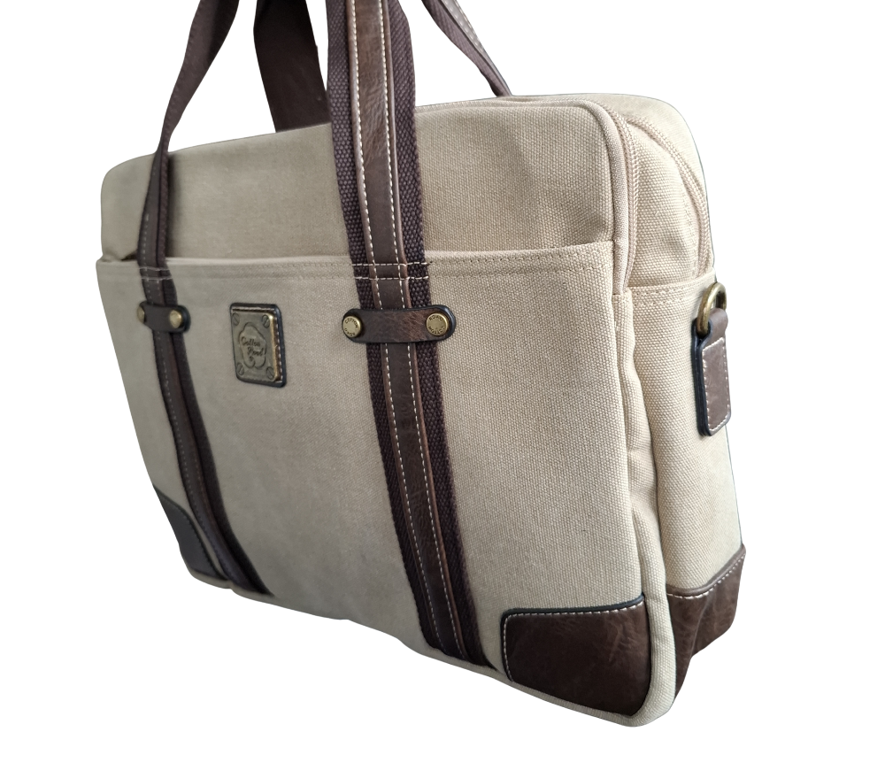 COTTON ROAD LAPTOP BAG: KHAKI CANVAS MESSENGER BAG with PU Leather FULL DISPLAY