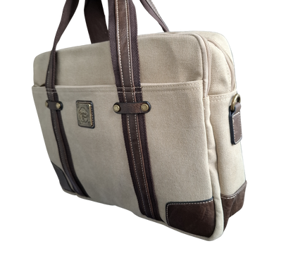 COTTON ROAD LAPTOP BAG: KHAKI CANVAS MESSENGER BAG with PU Leather FULL DISPLAY