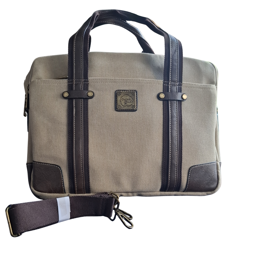 COTTON ROAD LAPTOP BAG: KHAKI CANVAS MESSENGER BAG with PU Leather SET
