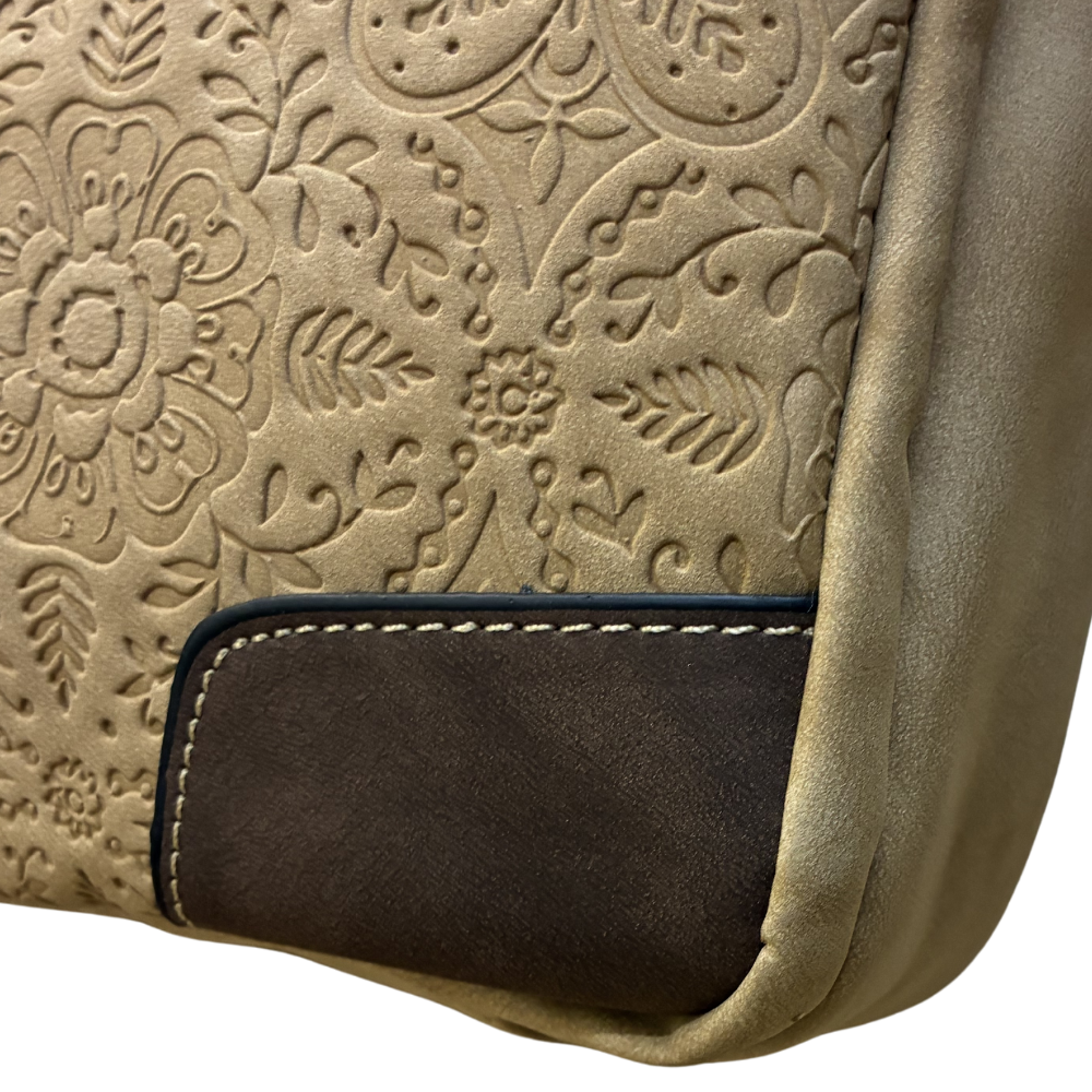 COTTON ROAD LAPTOP BAG: KHAKI embossed PU LEATHER Bag with BROWN TRIM