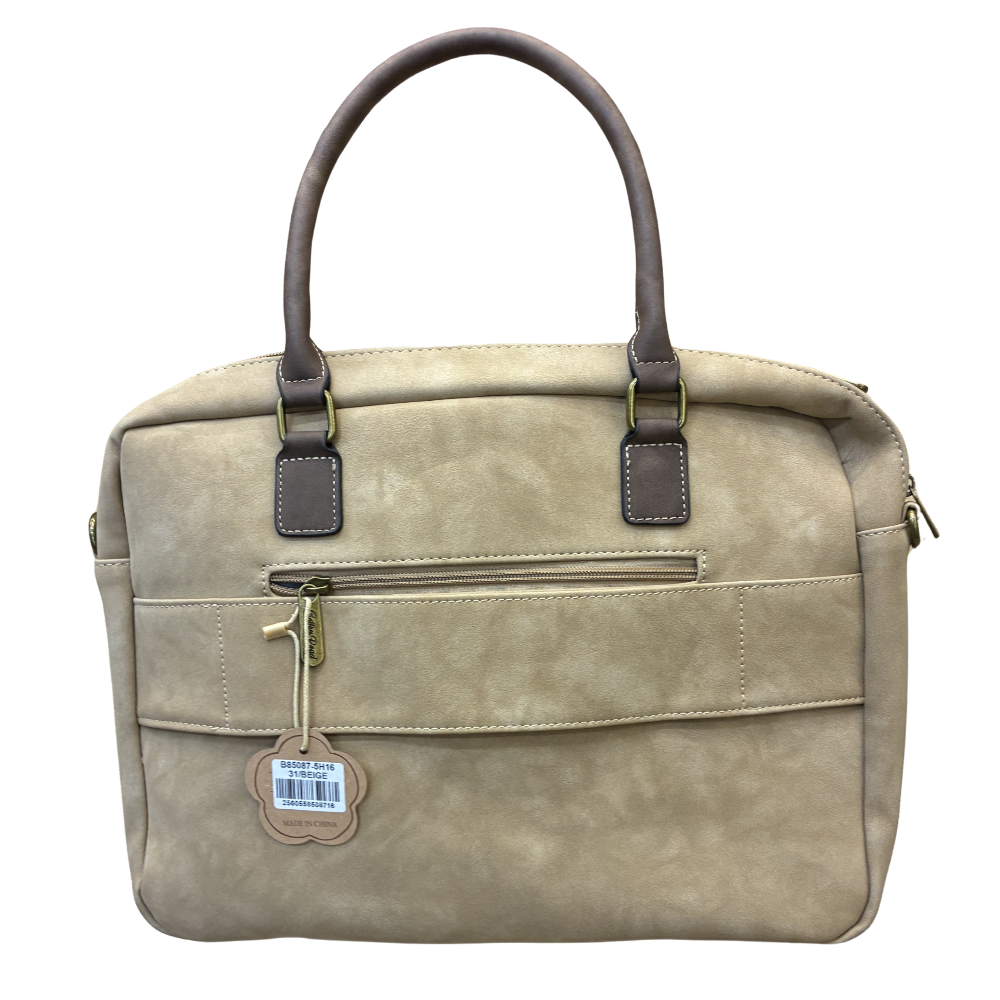 COTTON ROAD LAPTOP BAG: KHAKI embossed PU LEATHER Bag with BROWN TRIM BACK VIEW