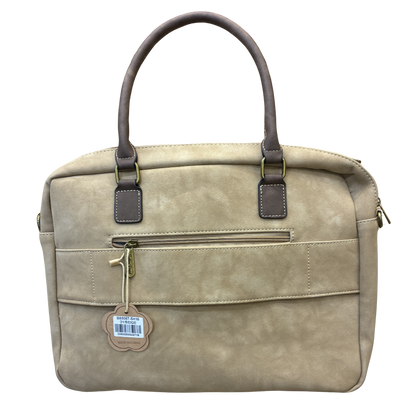 COTTON ROAD LAPTOP BAG: KHAKI embossed PU LEATHER Bag with BROWN TRIM BACK VIEW