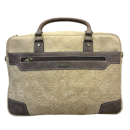 COTTON ROAD LAPTOP BAG: KHAKI embossed PU LEATHER Bag with BROWN TRIM FRONT VIEW