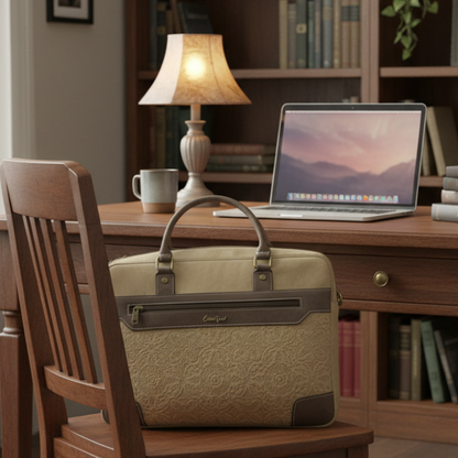 COTTON ROAD LAPTOP BAG: KHAKI embossed PU LEATHER Bag with BROWN TRIM LIFESTYLE