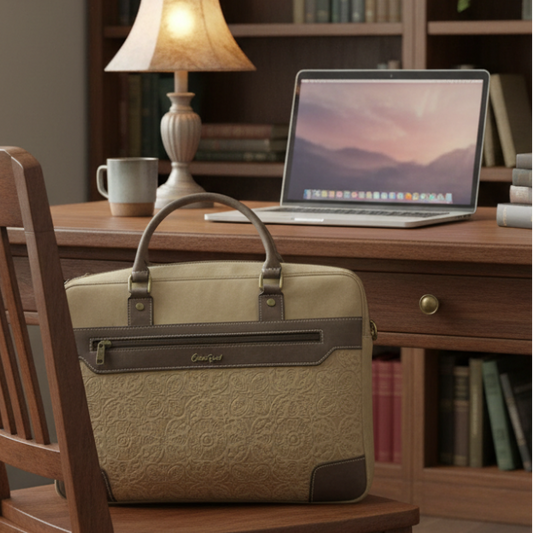 COTTON ROAD LAPTOP BAG: KHAKI embossed PU LEATHER Bag with BROWN TRIM LIFESTYLE