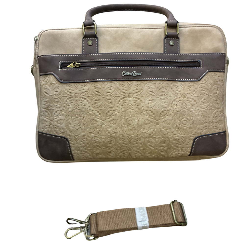 COTTON ROAD LAPTOP BAG: KHAKI embossed PU LEATHER Bag with BROWN TRIM SET