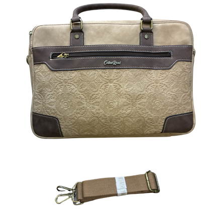 COTTON ROAD LAPTOP BAG: KHAKI embossed PU LEATHER Bag with BROWN TRIM SET