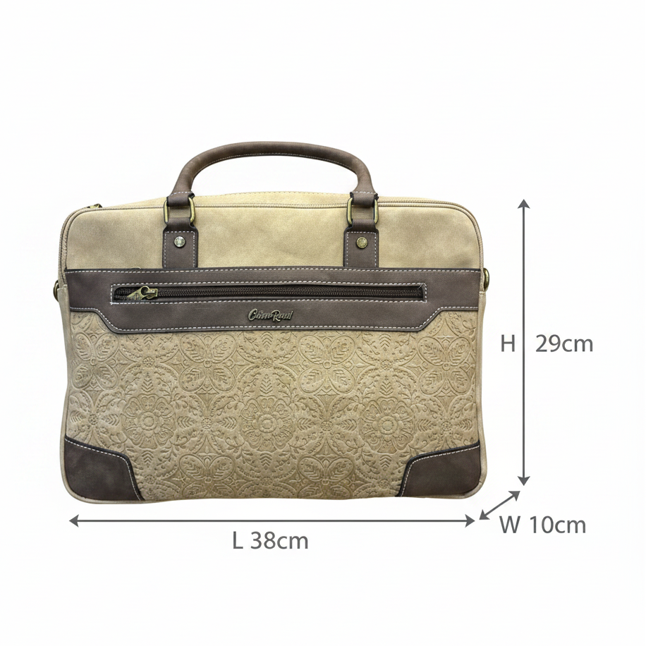 COTTON ROAD LAPTOP BAG: KHAKI embossed PU LEATHER Bag with BROWN TRIM SIZE
