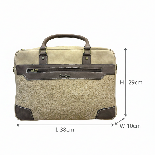 COTTON ROAD LAPTOP BAG: KHAKI embossed PU LEATHER Bag with BROWN TRIM SIZE