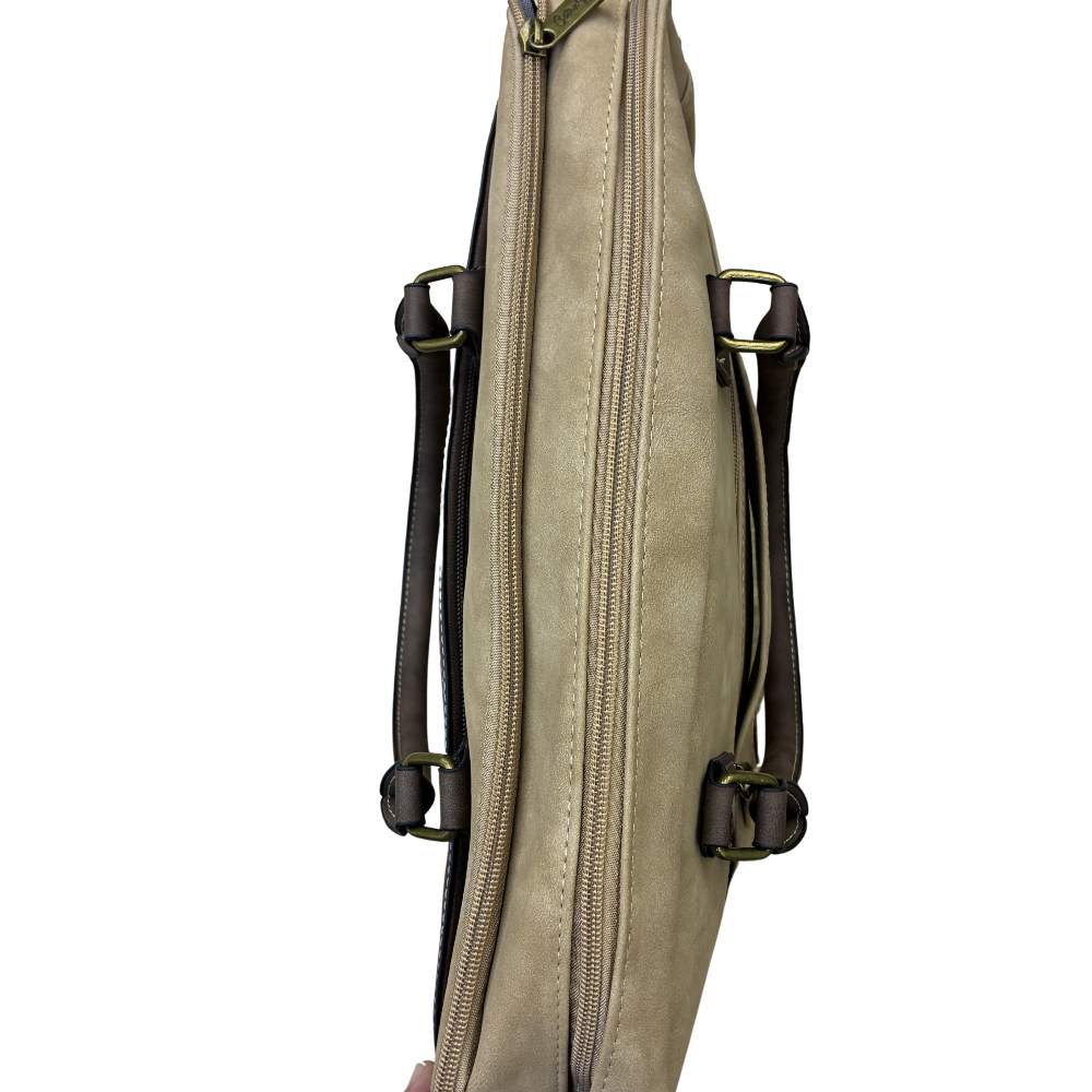 COTTON ROAD LAPTOP BAG: KHAKI embossed PU LEATHER Bag with BROWN TRIM TOP VIEW