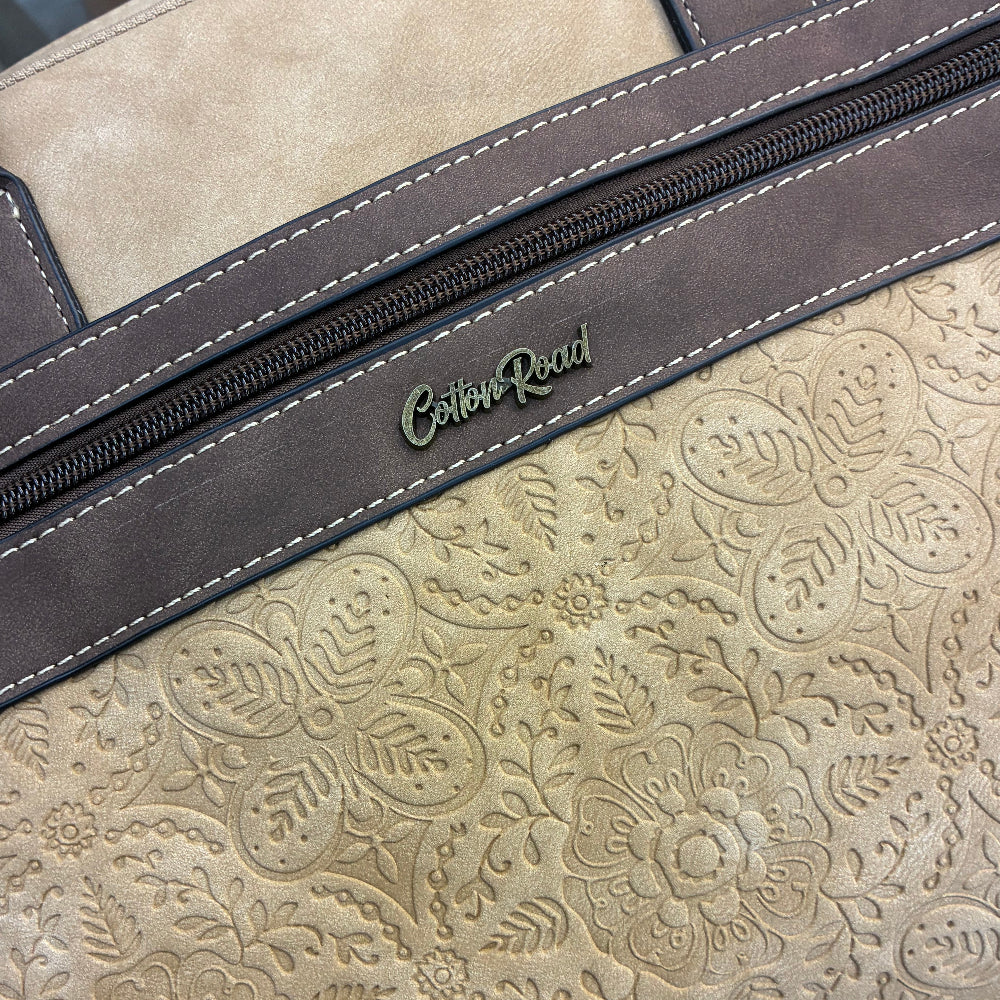 COTTON ROAD LAPTOP BAG: KHAKI embossed PU LEATHER Bag with BROWN TRIM ZOOM VIEW