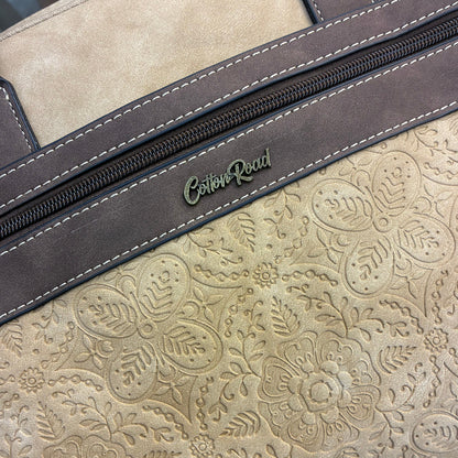 COTTON ROAD LAPTOP BAG: KHAKI embossed PU LEATHER Bag with BROWN TRIM ZOOM VIEW