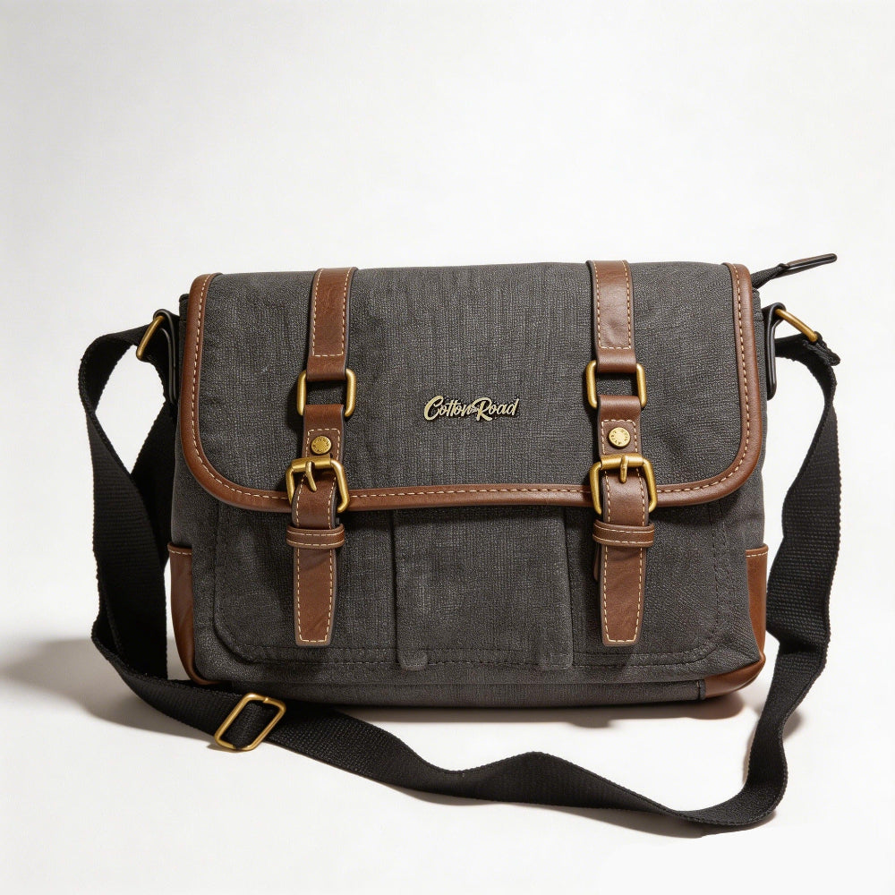 COTTON ROAD SLING BAG: BLACK CANVAS with PU LEATHER DETAILING MESSENGER BAG