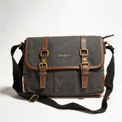 COTTON ROAD SLING BAG: BLACK CANVAS with PU LEATHER DETAILING MESSENGER BAG