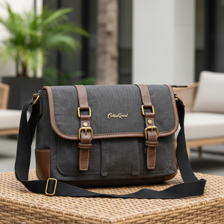 Cotton Road Sling Bag: BLACK CANVAS Messenger with PU Leather Trim