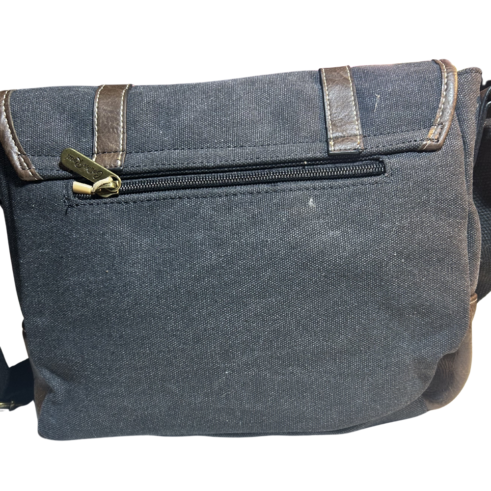 COTTON ROAD SLING BAG: BLACK CANVAS with PU LEATHER DETAILING MESSENGER BAG BACK