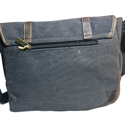 COTTON ROAD SLING BAG: BLACK CANVAS with PU LEATHER DETAILING MESSENGER BAG BACK