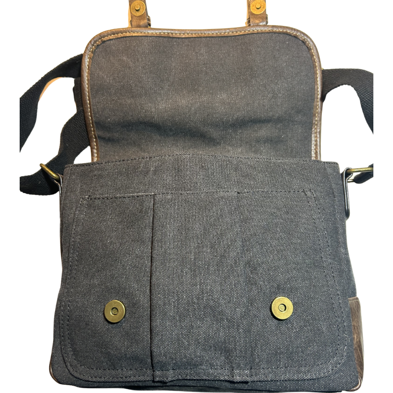 COTTON ROAD SLING BAG: BLACK CANVAS with PU LEATHER DETAILING MESSENGER BAG OPEN TOP FLAP VIEW