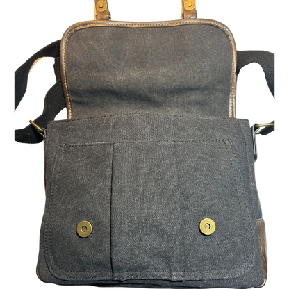 COTTON ROAD SLING BAG: BLACK CANVAS with PU LEATHER DETAILING MESSENGER BAG OPEN TOP FLAP VIEW