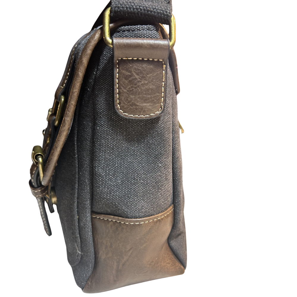 COTTON ROAD SLING BAG: BLACK CANVAS with PU LEATHER DETAILING MESSENGER BAG SIDE