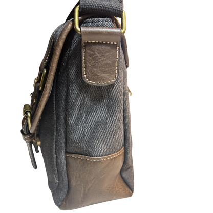 COTTON ROAD SLING BAG: BLACK CANVAS with PU LEATHER DETAILING MESSENGER BAG SIDE