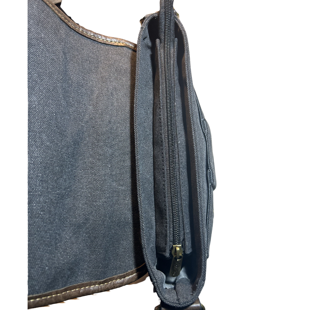COTTON ROAD SLING BAG: BLACK CANVAS with PU LEATHER DETAILING MESSENGER BAG TOP ZIP CLOSED