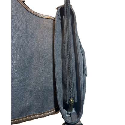 COTTON ROAD SLING BAG: BLACK CANVAS with PU LEATHER DETAILING MESSENGER BAG TOP ZIP CLOSED