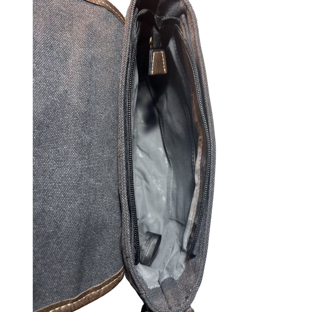 COTTON ROAD SLING BAG: BLACK CANVAS with PU LEATHER DETAILING MESSENGER BAG TOP ZIP OPEN