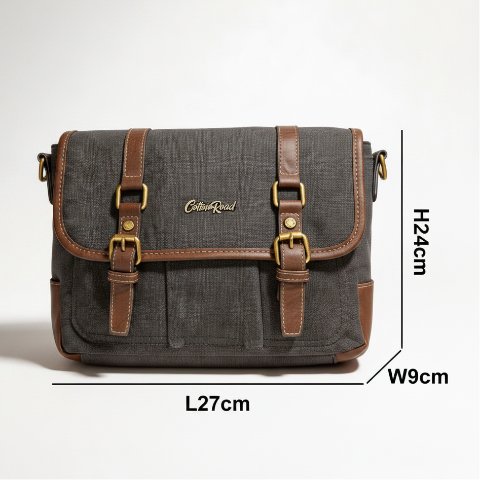 COTTON ROAD SLING BAG: BLACK CANVAS with PU LEATHER DETAILING MESSENGER BAG size