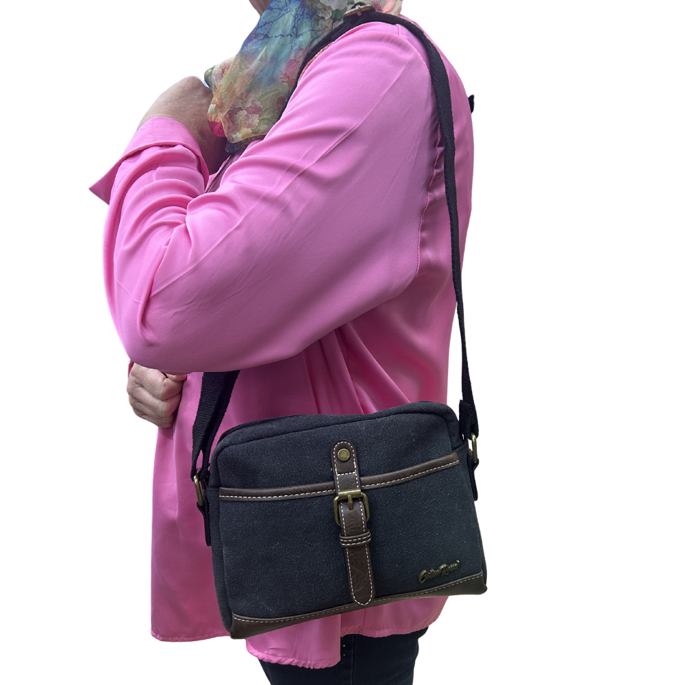 COTTON ROAD SLING BAG: BLACK Canvas with PU Leather Trim Bag